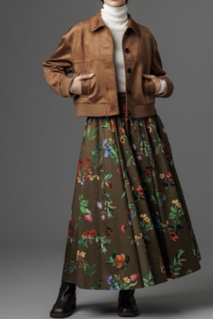 ミラオーウェン　ウエストゴムギャザーマキシスカート　ブラウン