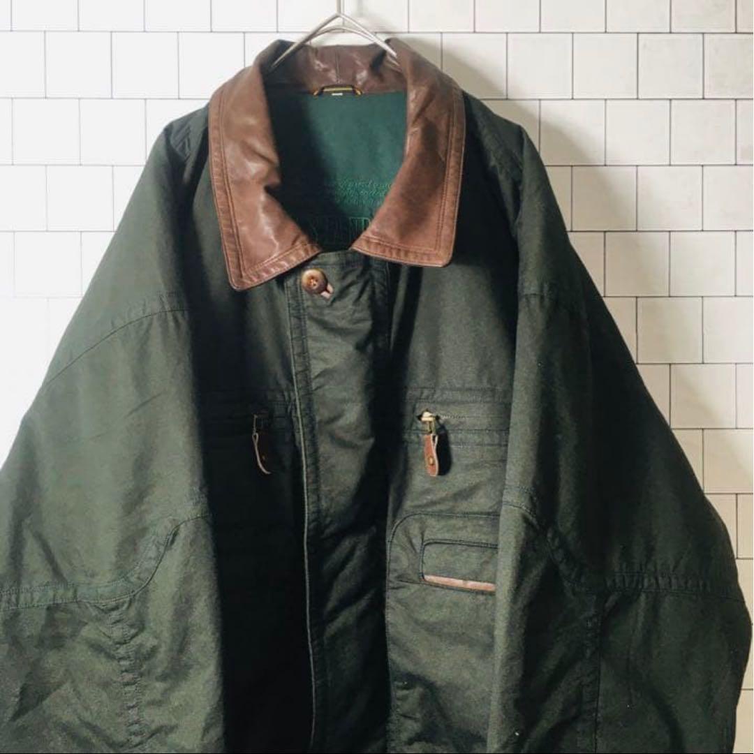 ヴィンテージジャケット　牛革　襟切替　中綿　深緑　モード　太アーム　刺繍　古着