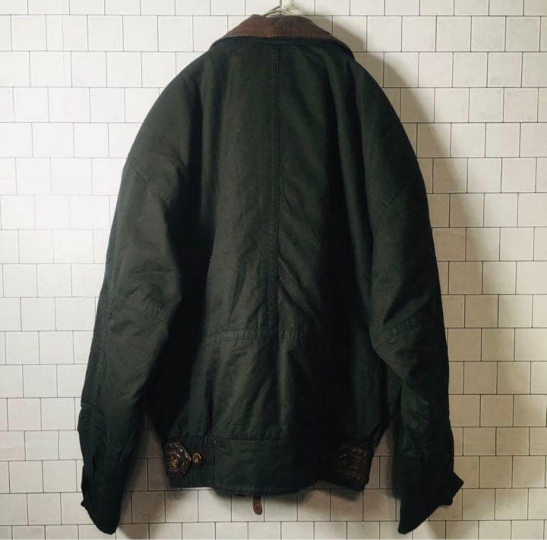 ヴィンテージジャケット　牛革　襟切替　中綿　深緑　モード　太アーム　刺繍　古着