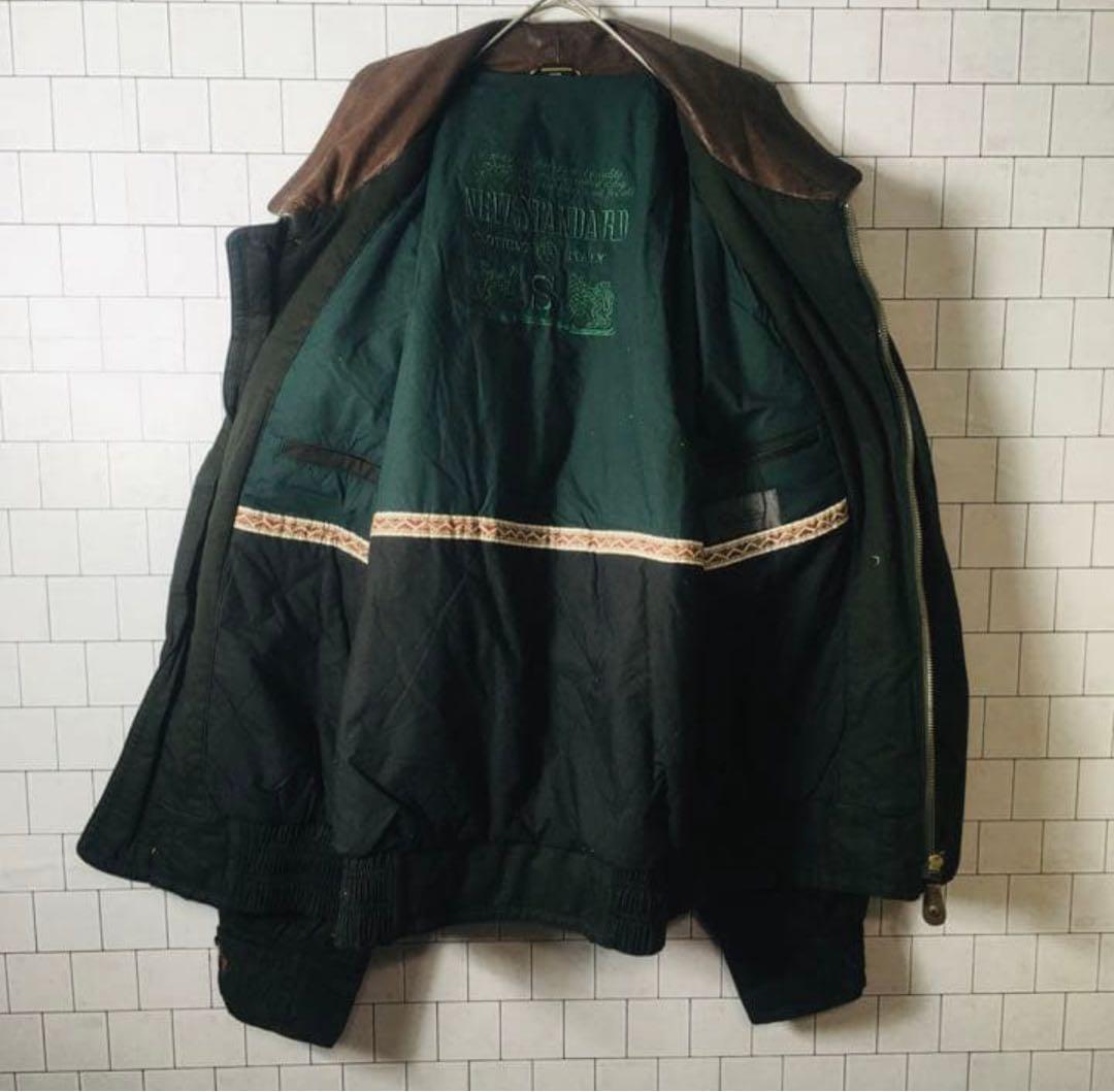 ヴィンテージジャケット　牛革　襟切替　中綿　深緑　モード　太アーム　刺繍　古着