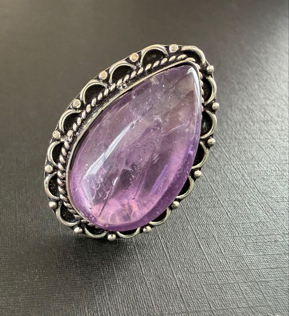 アッシュペーフランス ヴィンテージアメジスト ペアシェイプストーンリング 15号