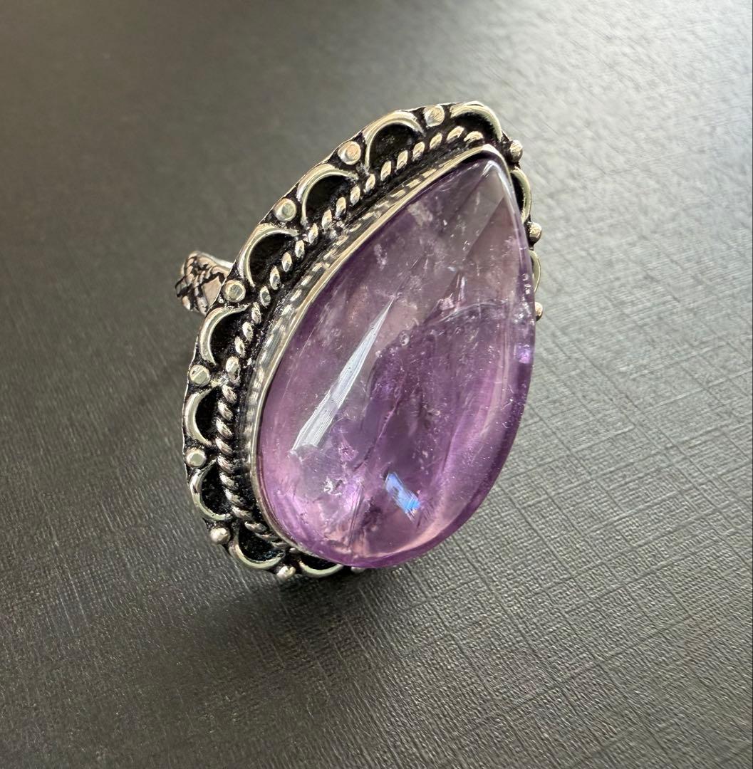 アッシュペーフランス ヴィンテージアメジスト ペアシェイプストーンリング 15号