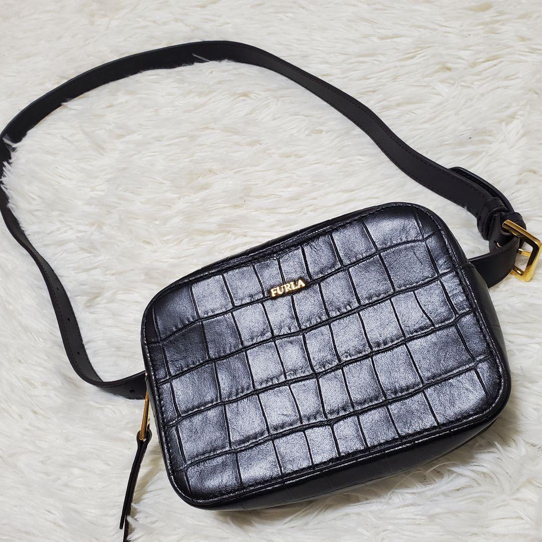 ■未使用に近い フルラ クロコ ウエストバッグ ボディバッグ レザー ブラック