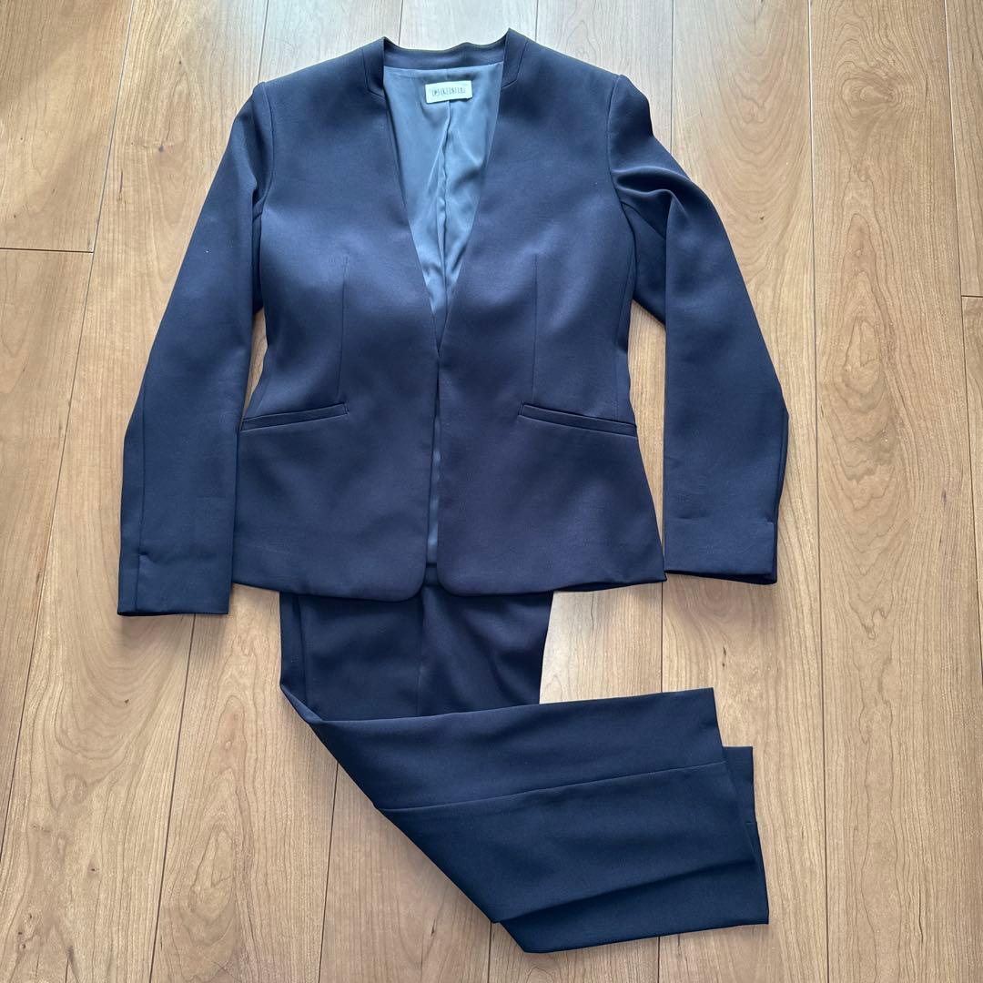 PLST ノーカラー パンツスーツ ダークブルー紺 S セレモニー フォーマル