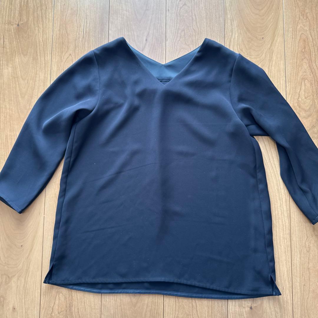 PLST ノーカラー パンツスーツ ダークブルー紺 S セレモニー フォーマル