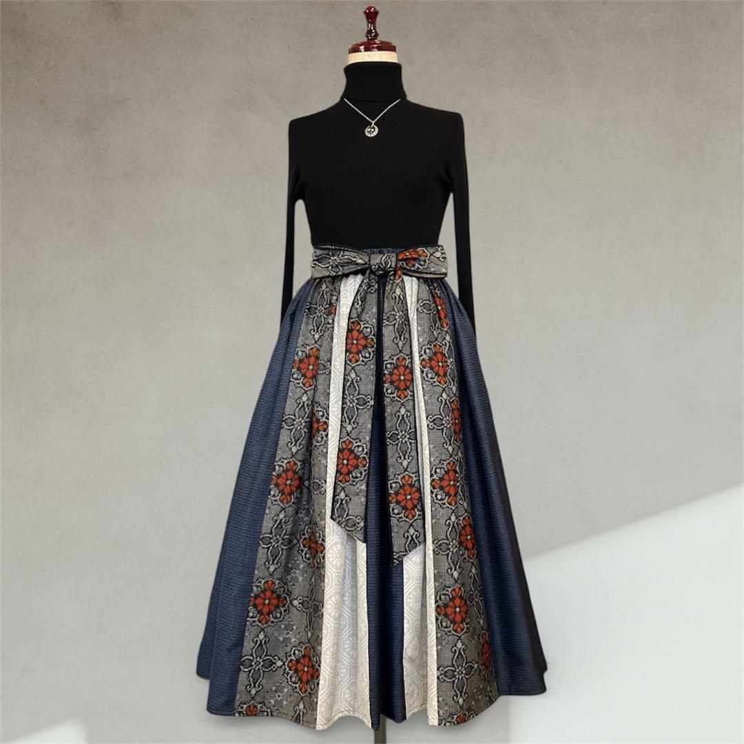 007❇︎大島紬14枚ギャザーたっぷり スカート 腰リボン両脇ポケット 裏地付き