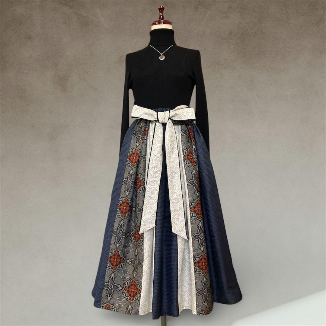 007❇︎大島紬14枚ギャザーたっぷり スカート 腰リボン両脇ポケット 裏地付き