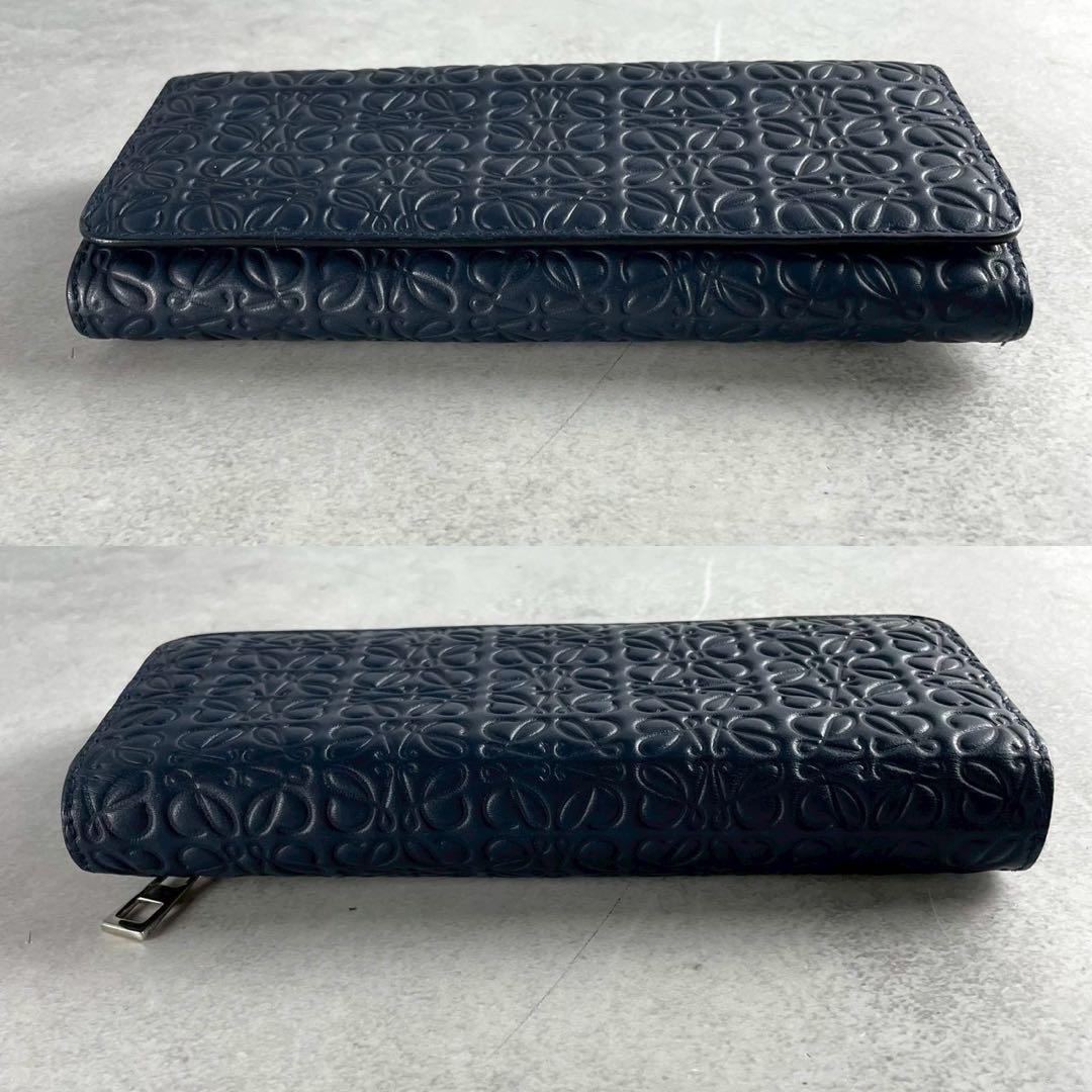 【美品】ロエベ 長財布 リピート アナグラム 型押し 総柄 レザー ロゴ 紺色