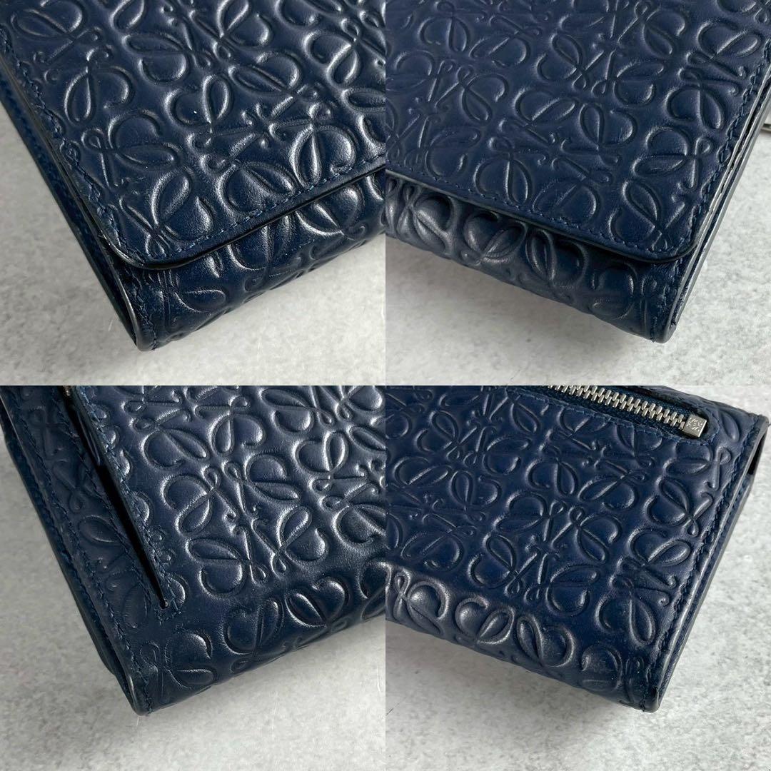 【美品】ロエベ 長財布 リピート アナグラム 型押し 総柄 レザー ロゴ 紺色