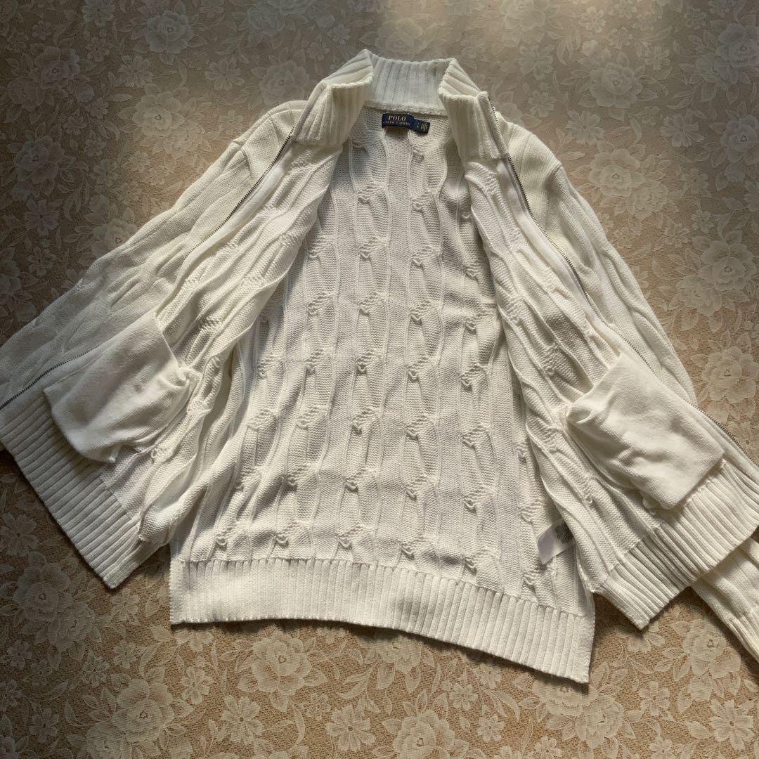超美品　ポロラルフローレン　コットンケーブル編みジップアップニットブルゾンL白