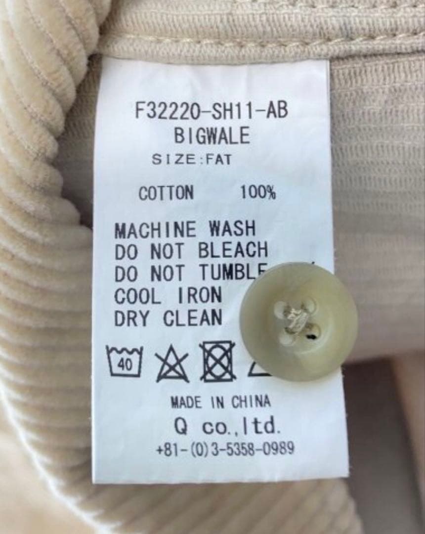 美品FAT BIGWALEベージュ コーデュロイ　シャツ 左胸ポケット付き