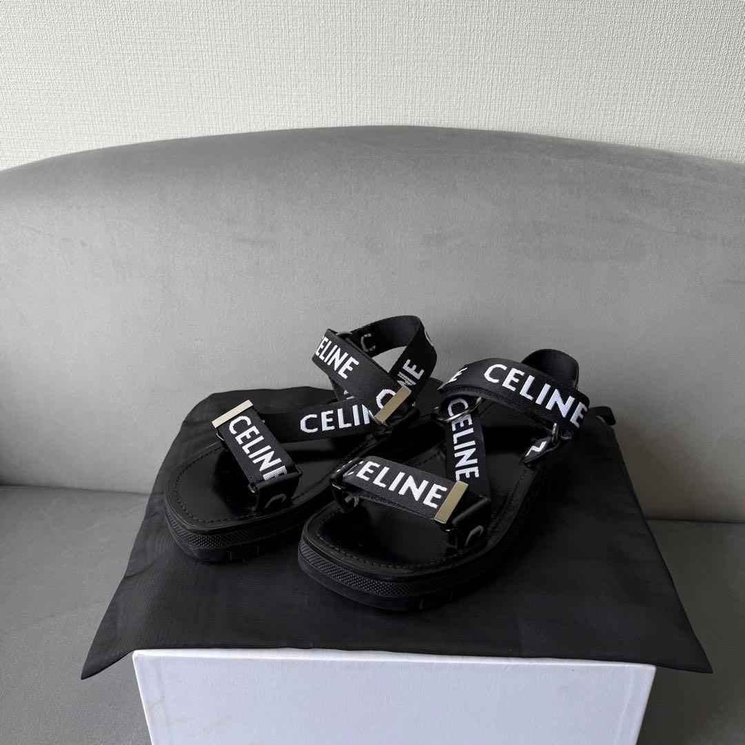 セリーヌ レオ ストラッピー サンダル レザー ファブリック ベルクロ 38