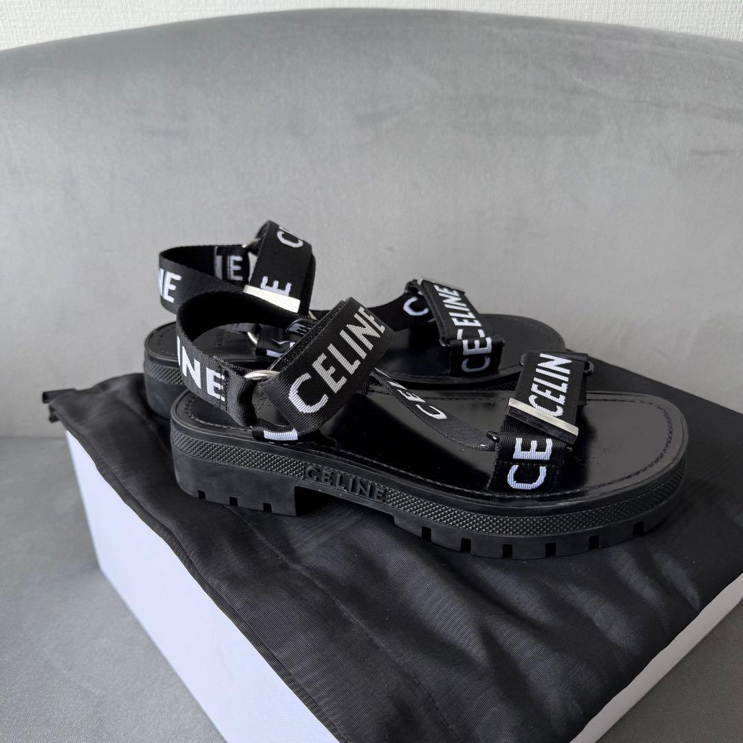 セリーヌ レオ ストラッピー サンダル レザー ファブリック ベルクロ 38