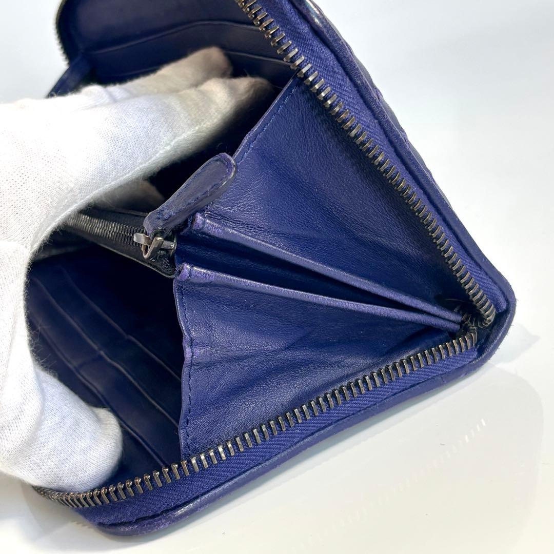 美品 ボッテガヴェネタ イントレチャート 長財布 ラウンドファスナー ブルー系