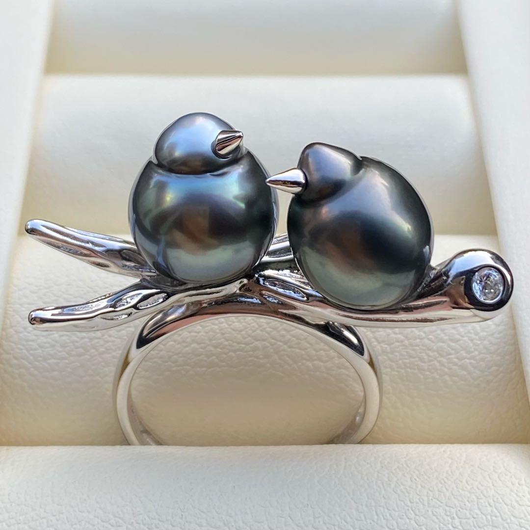 本真珠　南洋黒蝶真珠ダブルリング「鳥と枝」13mmダークグリーンL1259