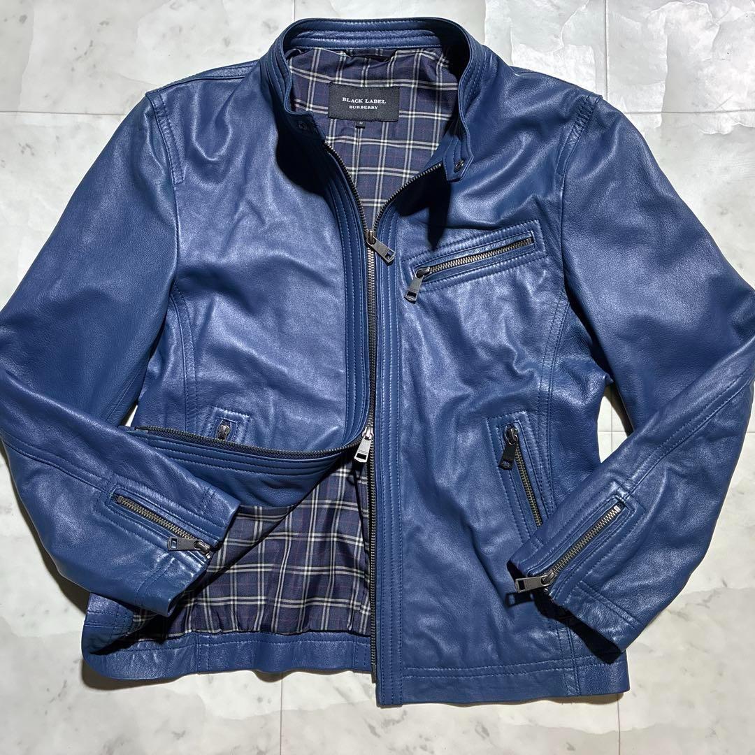 極美品　バーバリーブラックレーベル　ラムレザーレザー　ライダースジャケット　青