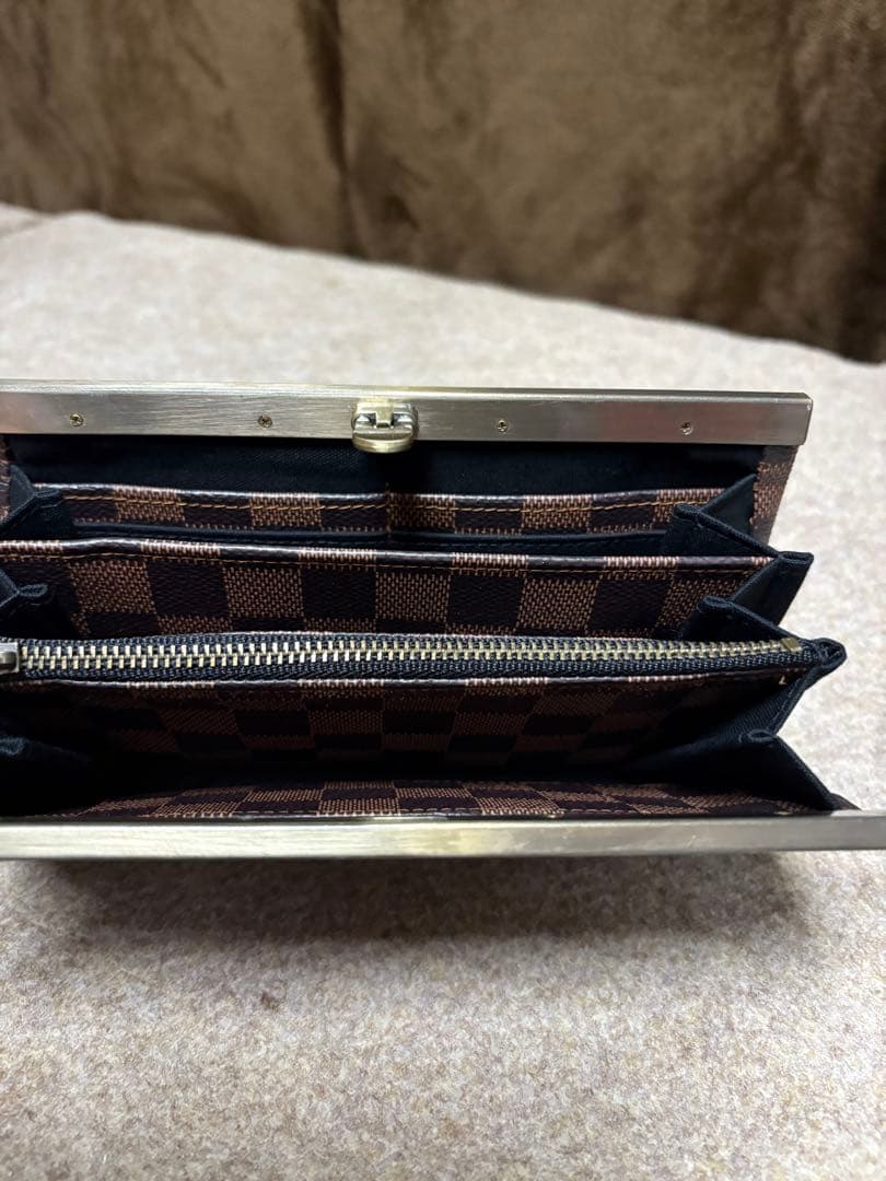 ゆら様 大きめ口金30cmデニムリメイクがま口バッグ 市松ブラウン がま口長財布