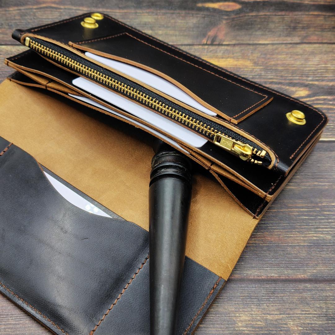 ロングトラッカーウォレット ホースバット ハンドメイド 本革 茶芯ブラック