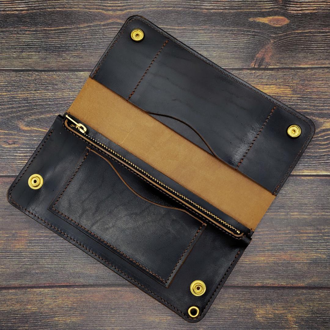 ロングトラッカーウォレット ホースバット ハンドメイド 本革 茶芯ブラック