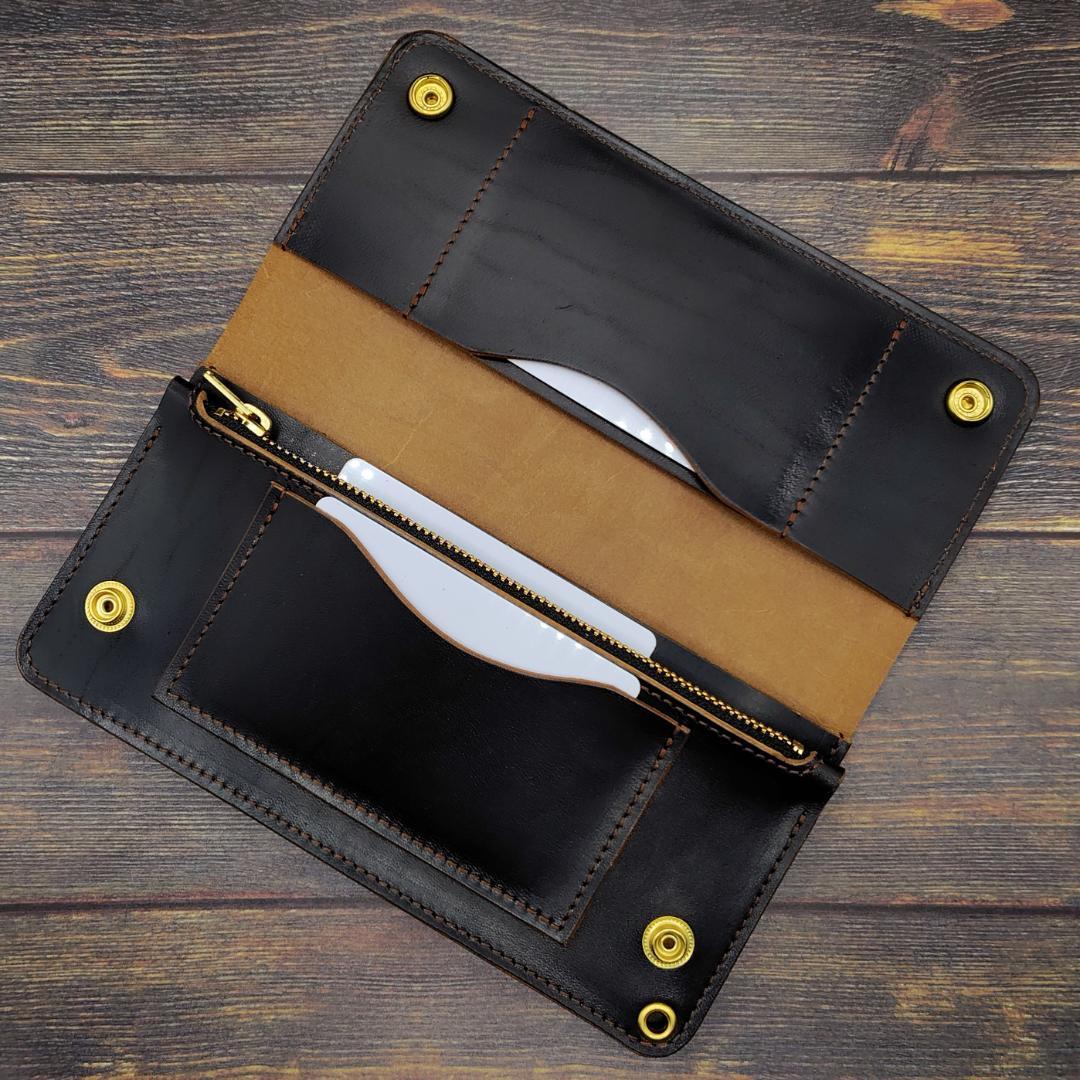 ロングトラッカーウォレット ホースバット ハンドメイド 本革 茶芯ブラック