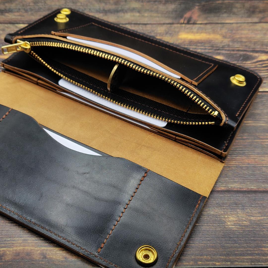ロングトラッカーウォレット ホースバット ハンドメイド 本革 茶芯ブラック