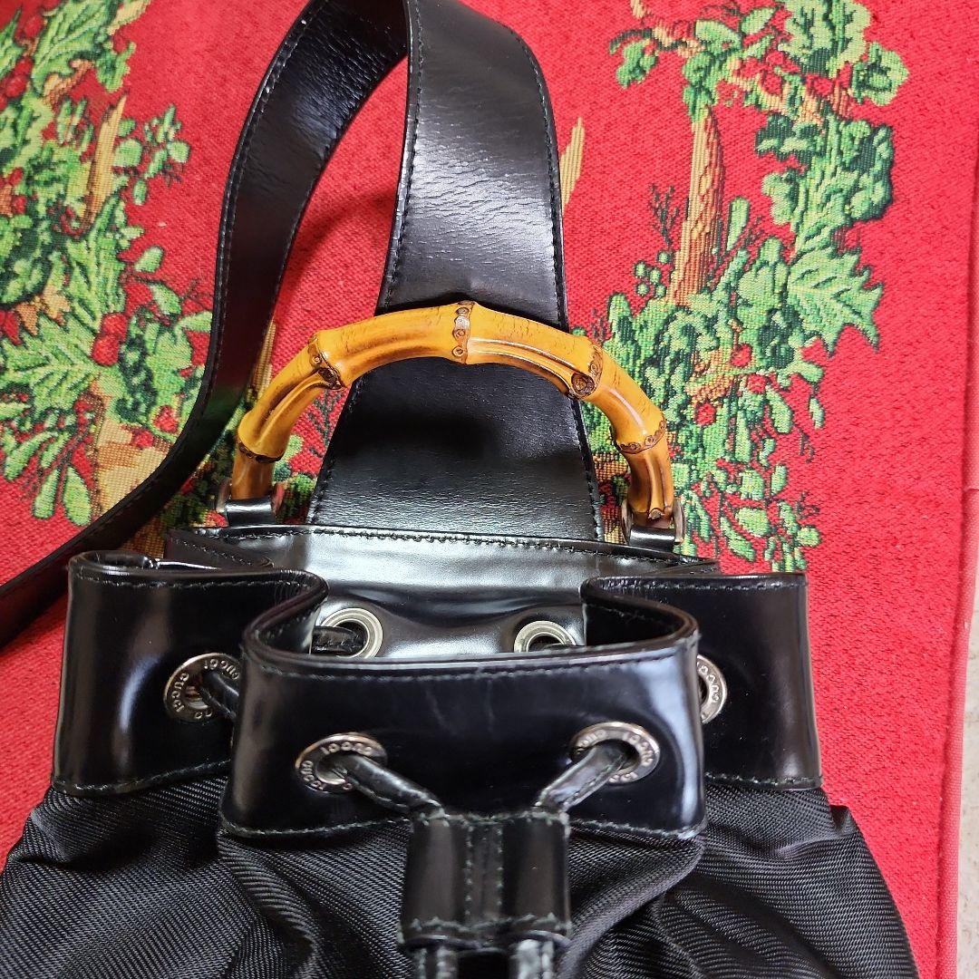 【美品】グッチ バンブー ショルダーバッグ ボンサック ナイロン×レザー 黒