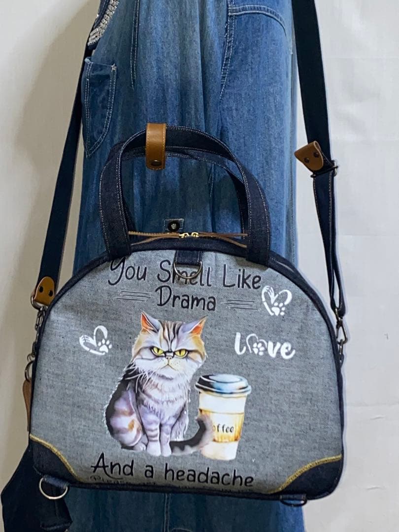 歳末セール☆岡山デニム☆トラ猫☆ステンシル☆扇型☆4wayボストンバッグ