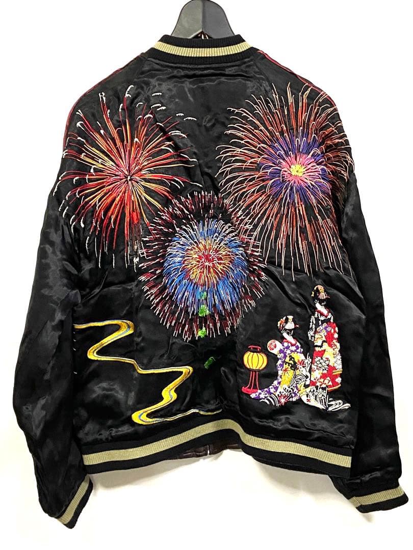 90sビンテージ 花旅楽団 両面刺繍 リバーシブル スカジャン M 花火 舞妓