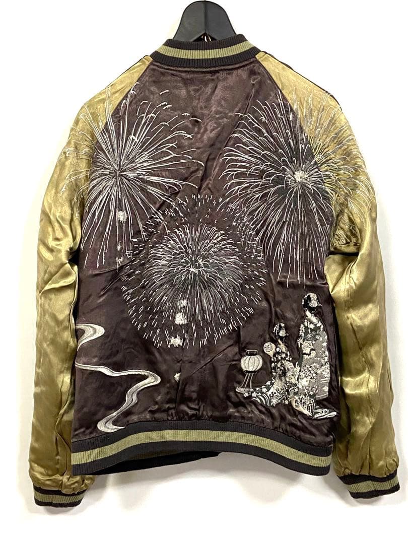 90sビンテージ 花旅楽団 両面刺繍 リバーシブル スカジャン M 花火 舞妓