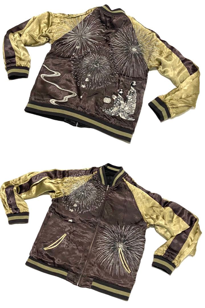 90sビンテージ 花旅楽団 両面刺繍 リバーシブル スカジャン M 花火 舞妓