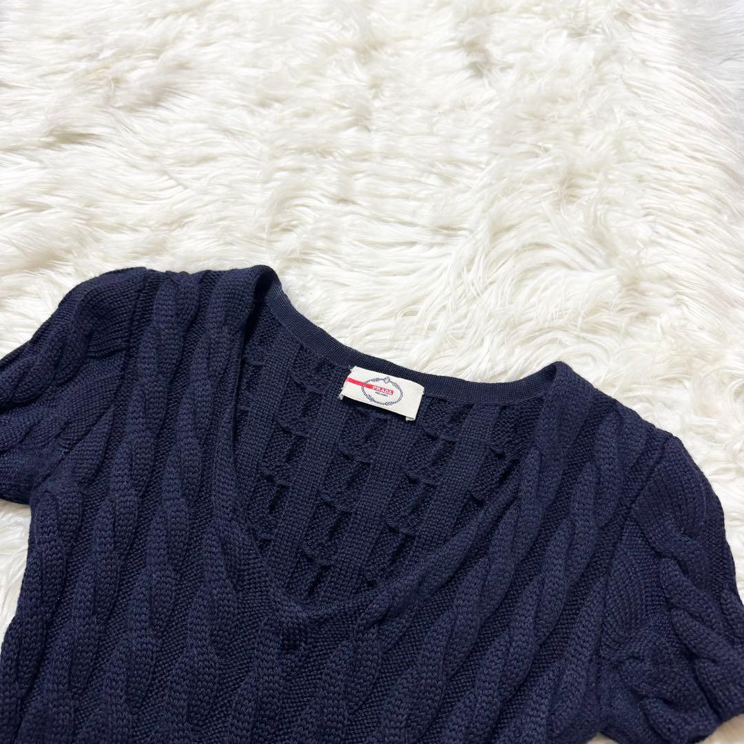 美品 プラダ ケーブルニット ワンピース ドレス 36 PRADA ネイビー