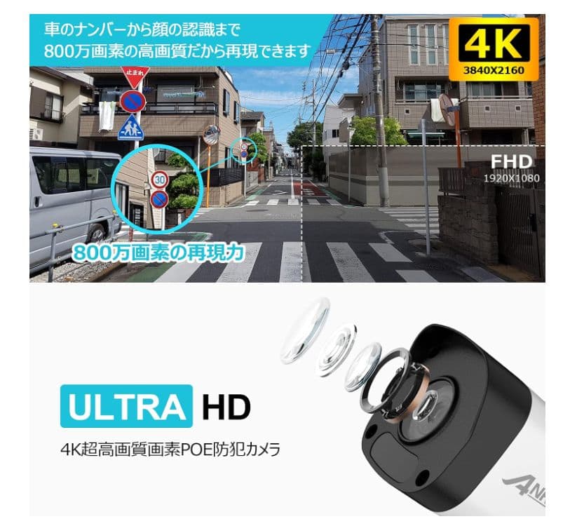 【4K・800万画素】防犯カメラ 屋外 有線 POE給電4TB HDD内蔵 8台