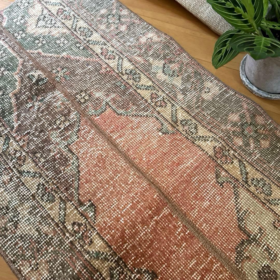 50×119パッチワーク　淡いサーモン×グレージュ　トルコヴィンテージラグ