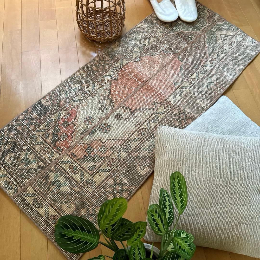 50×119パッチワーク　淡いサーモン×グレージュ　トルコヴィンテージラグ