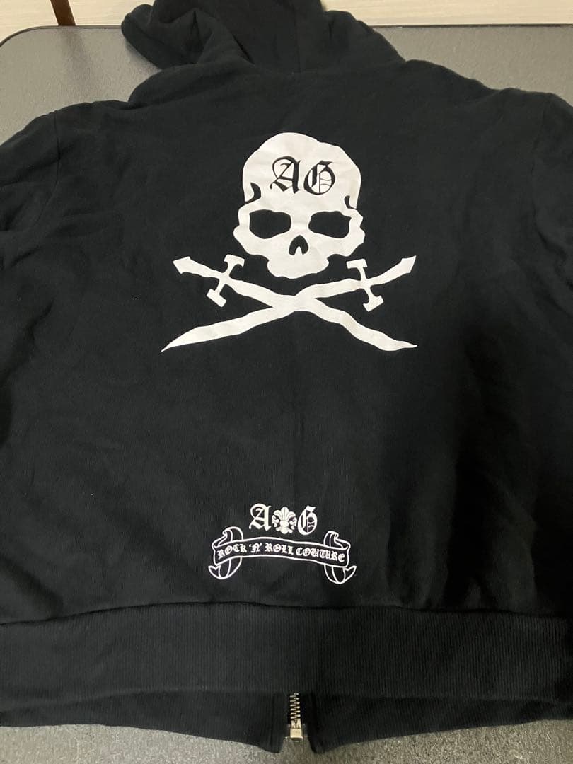 A&Gブラック パーカー　スカル　フローラル チェスト＆バック&アームプリント