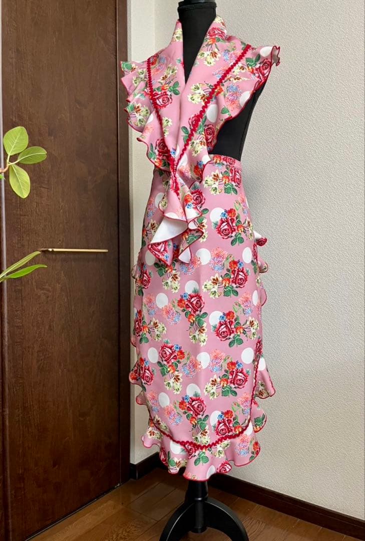 フラメンコ エプロンセット ロング丈 ピンク花柄白ドット