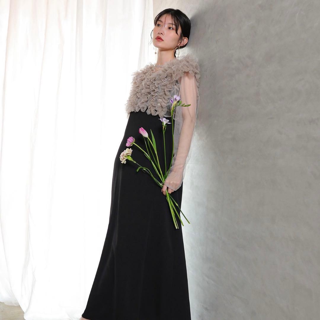et.UNIVER Manyway frill dress ブラック✕ベージュ