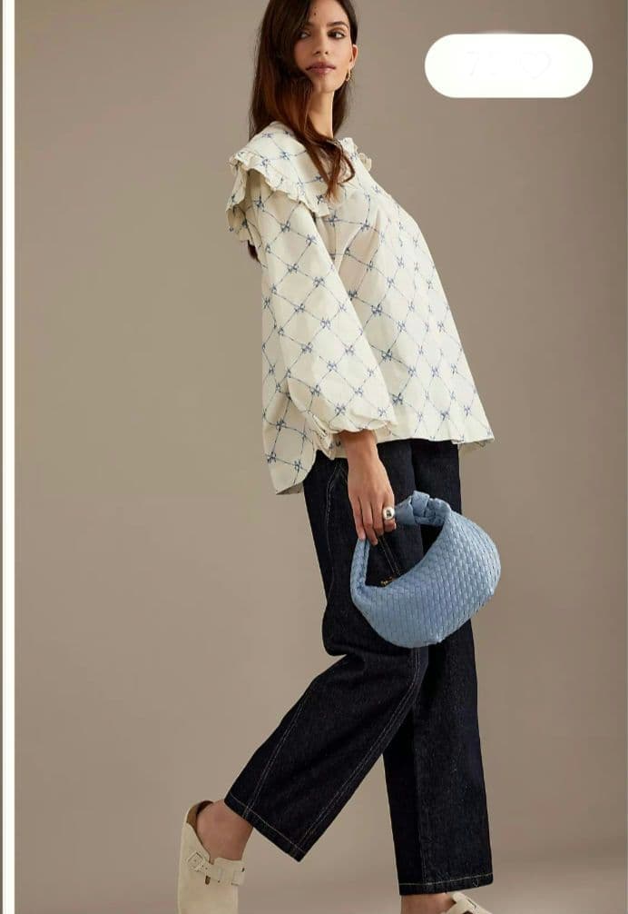 ダムソンマダー　ビッグカラーブラウス　ボリュームスリーブ　XL 相当　リボン柄