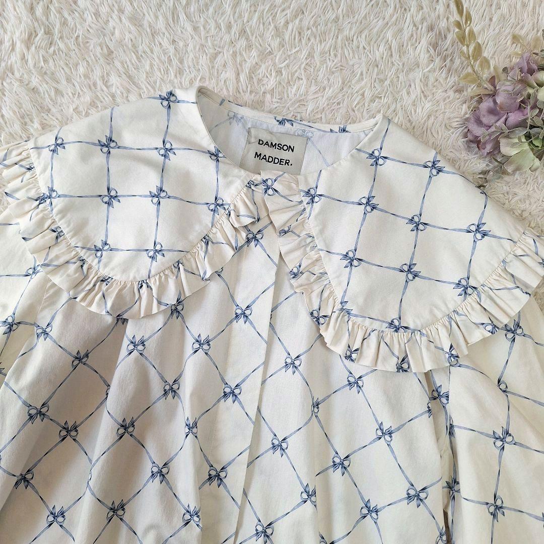 ダムソンマダー　ビッグカラーブラウス　ボリュームスリーブ　XL 相当　リボン柄