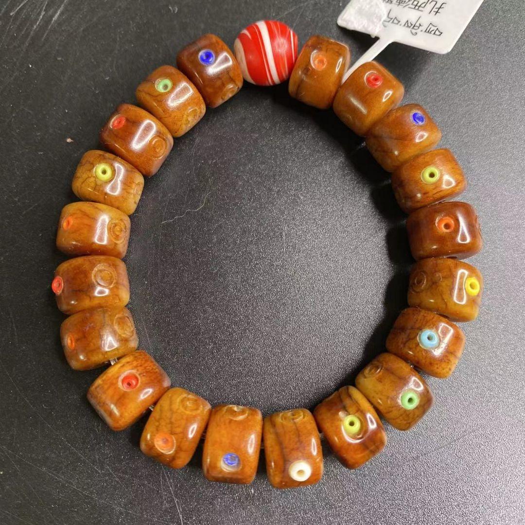 限定、チベット 密教 高密度 ヤクの骨 仏珠 数珠ブレスレット 琉璃象嵌 呪物