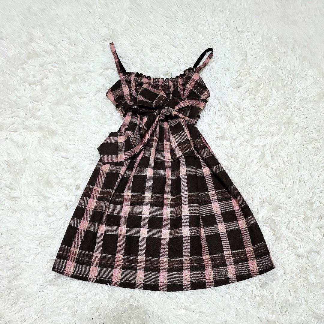 00s LIZLISA ピンクブラウンチェック リボン付き ワンピース 旧タグ
