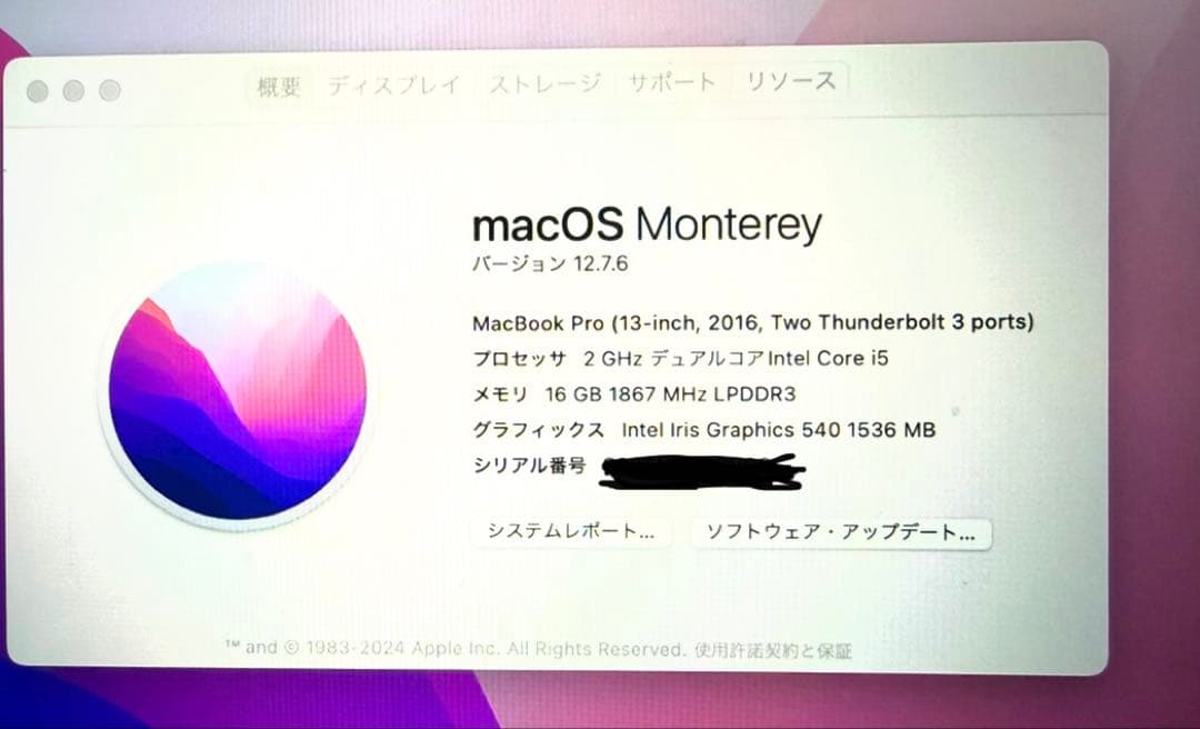 【ジャンク】MacBook Pro 13インチ 2016 16GB SSD1TB
