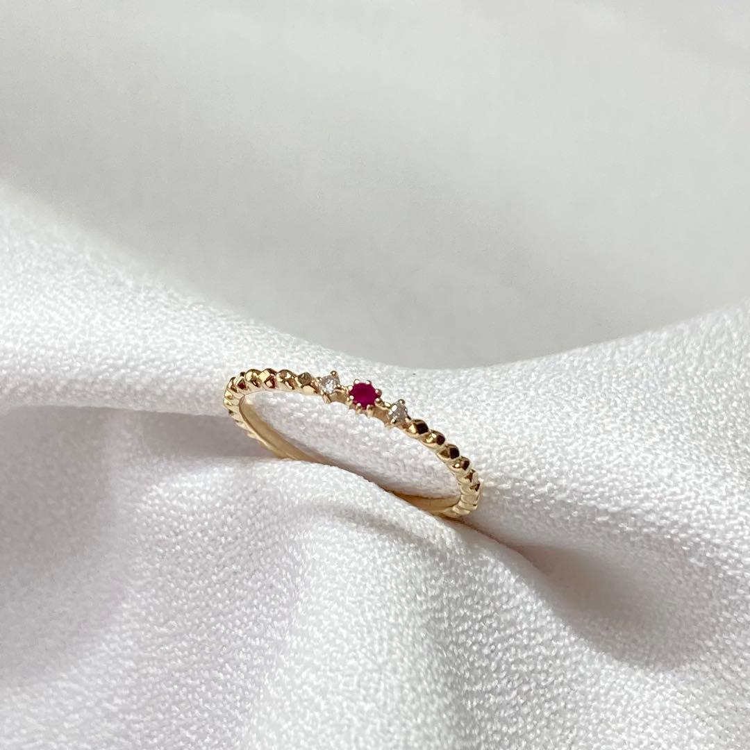 【Jouete】K10YG ルビー×ダイヤ ウェーブ ピンキーリング 3号 ✨