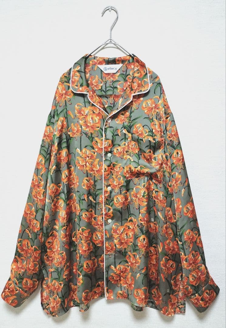 美品　&ellecy　鬼百合柄 (和柄)開襟シャツ　M　Unisex