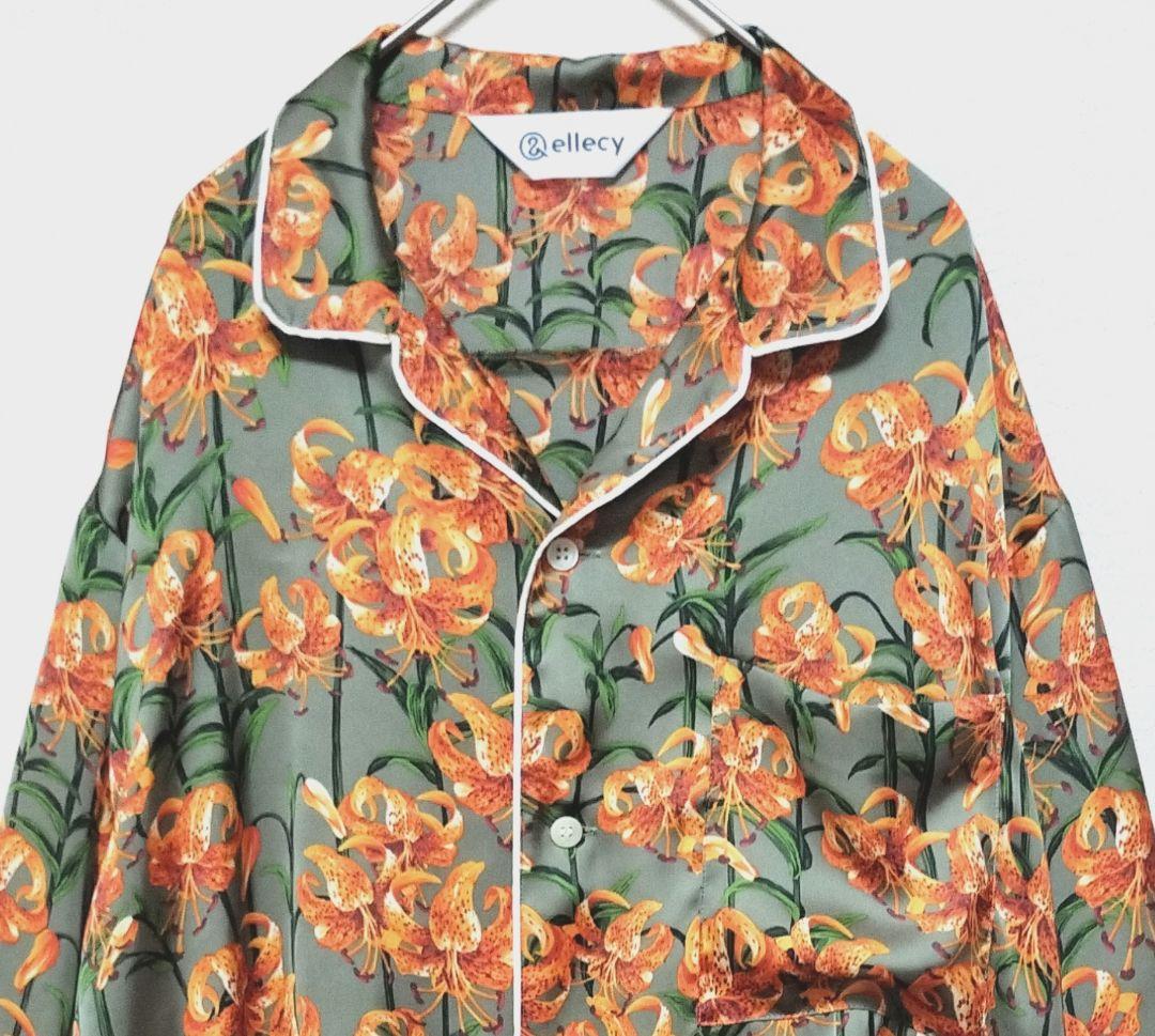 美品　&ellecy　鬼百合柄 (和柄)開襟シャツ　M　Unisex