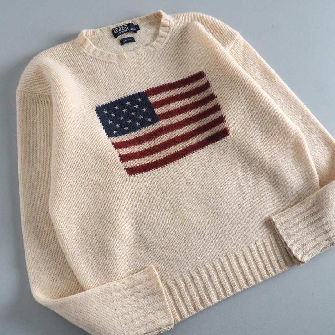 ラルフローレン　ウール１００％　ニット　セーター　アイボリー　星条旗