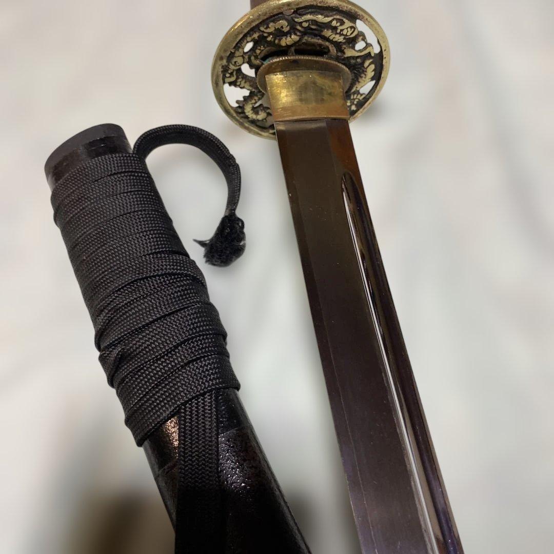 長めの居合刀 灰茶柄 龍彫金縁丸鍔 焦茶梨地鞘