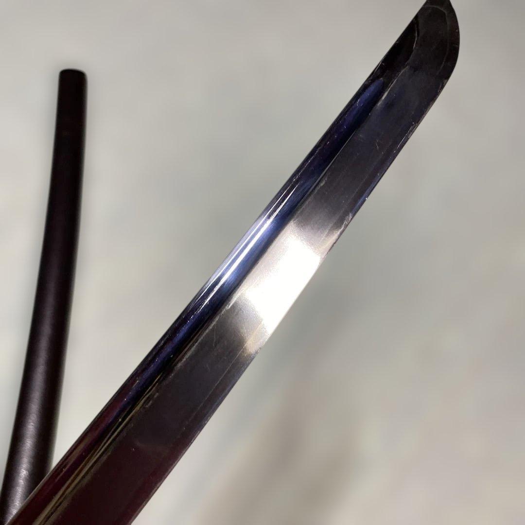 長めの居合刀 灰茶柄 龍彫金縁丸鍔 焦茶梨地鞘