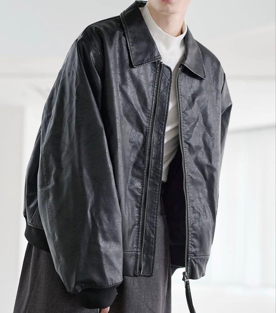 中綿入り　ヴィンテージPU合皮ショート丈ブルゾン