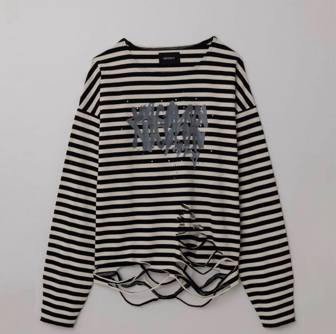 GRANCY 総柄ラインストーン ボーダー ロンT M